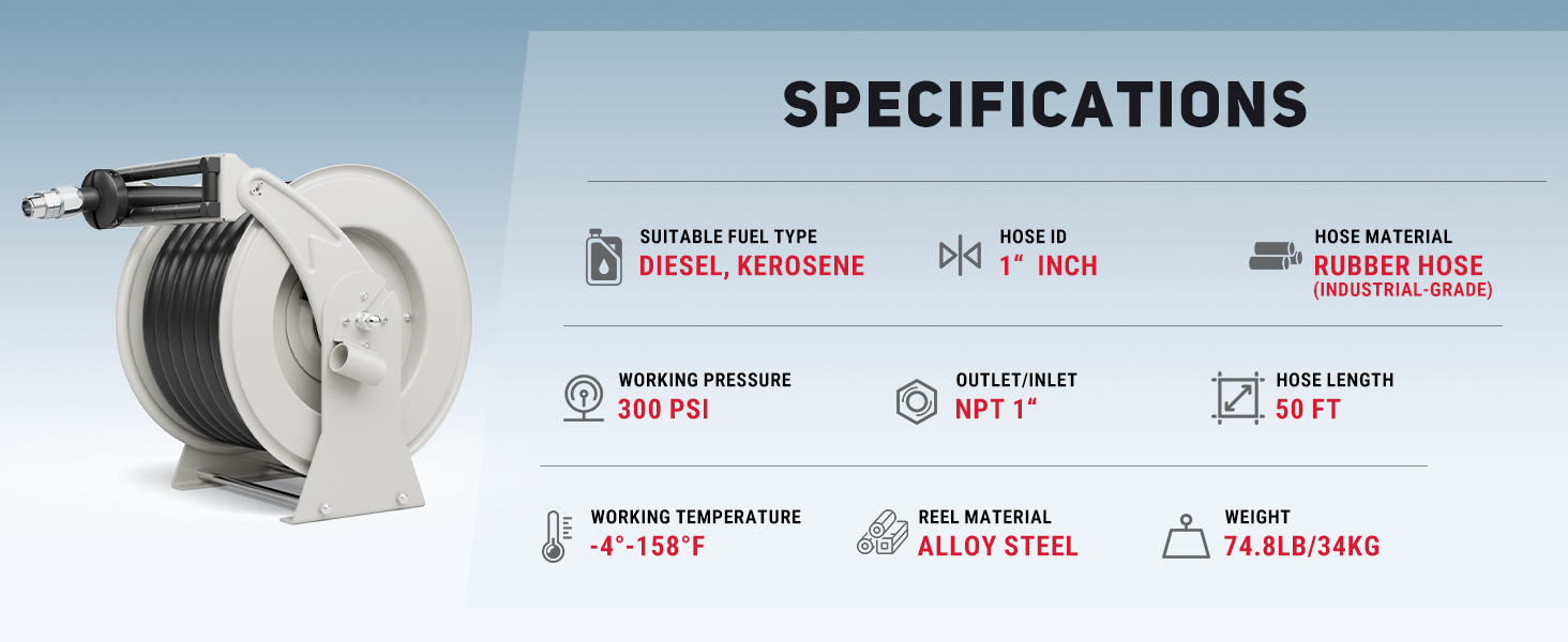 BreAro 1" x 50ft fuel hose reel with 300 PSI pressure rating, NPT 1" inlet/outlet, rubber hose, alloy steel reel, and operating temperature from -4°F to 158°F.