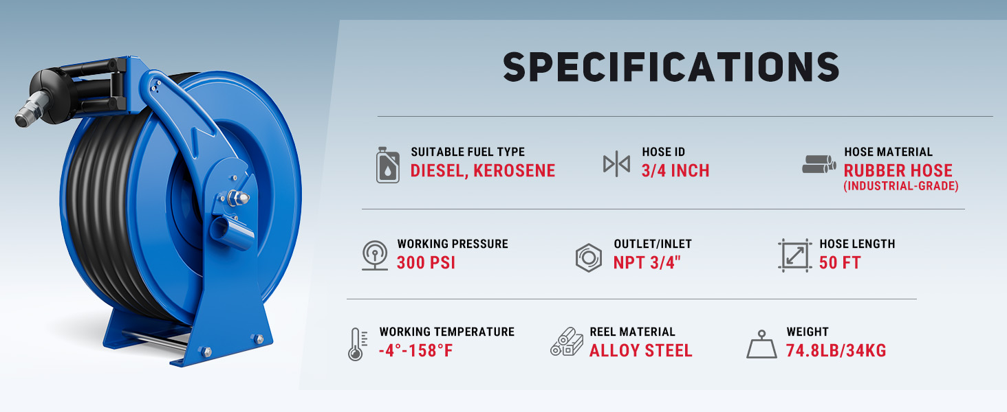 Specifications of BreAro 3/4" x 50ft fuel hose reel with 300 PSI rating, rubber hose, alloy steel reel, NPT 3/4" inlet/outlet, and working temperature from -4°F to 158°F.