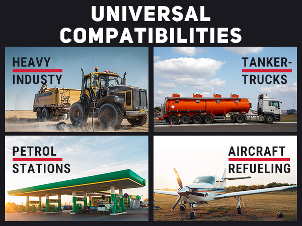BreAro fuel hose reel compatible with heavy industry, tanker trucks, petrol stations, and aircraft refueling, shown in real-world diesel fueling scenarios.