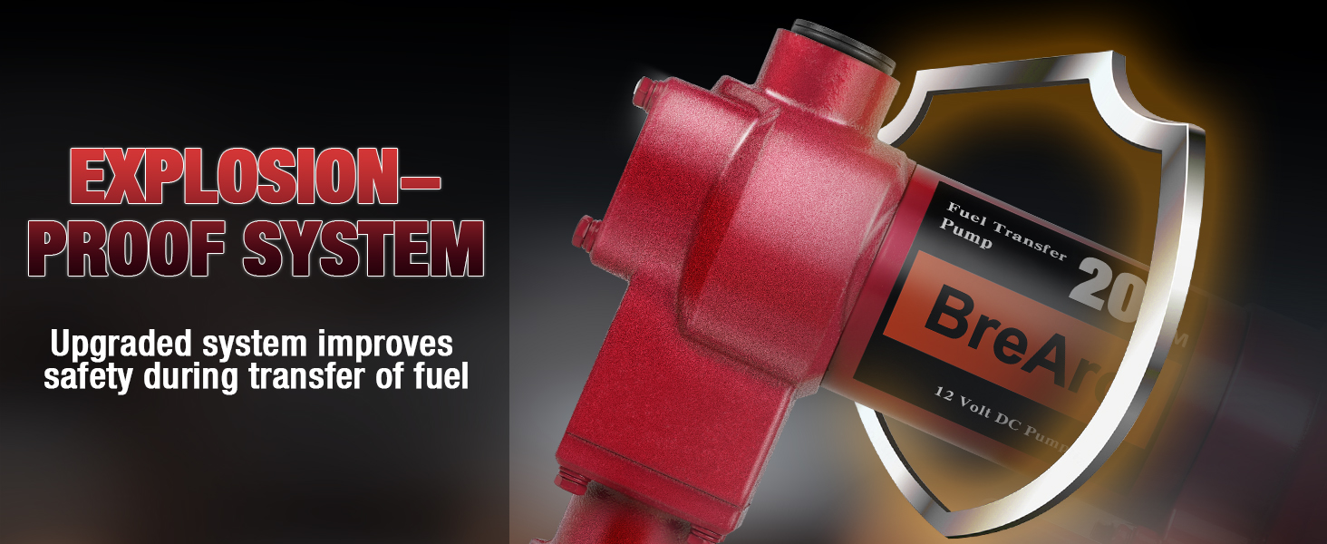 Brearo 12V DC fuel transfer pump featuring an explosion-proof system for enhanced safety during fuel transfer, ensuring safer operation in hazardous environments.