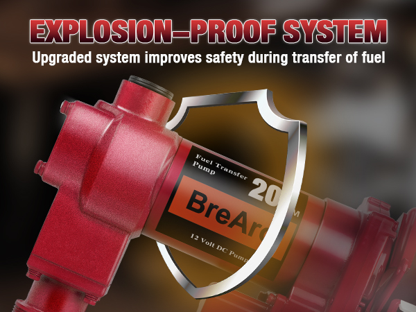 Brearo 12V DC fuel transfer pump featuring an explosion-proof system for enhanced safety during fuel transfer, ensuring safer operation in hazardous environments.