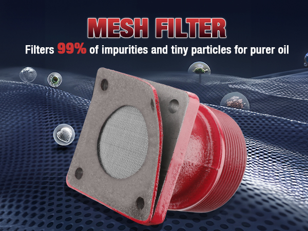 Close-up of the Brearo 12V DC fuel transfer pump's mesh filter, designed to filter 99% of impurities and tiny particles for cleaner, purer oil with a sealed design to prevent leakage.