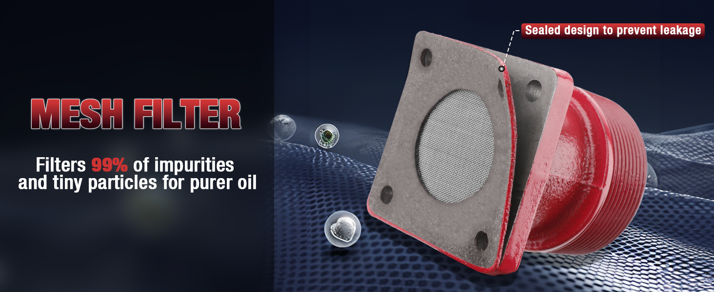 Close-up of the Brearo 12V DC fuel transfer pump's mesh filter, designed to filter 99% of impurities and tiny particles for cleaner, purer oil with a sealed design to prevent leakage.