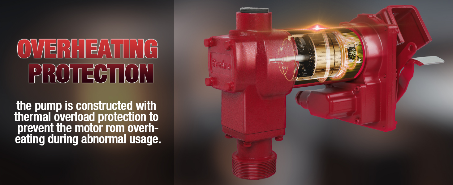 Brearo 12V DC fuel transfer pump with overheating protection, designed to prevent motor damage by preventing excessive heat during abnormal usage.