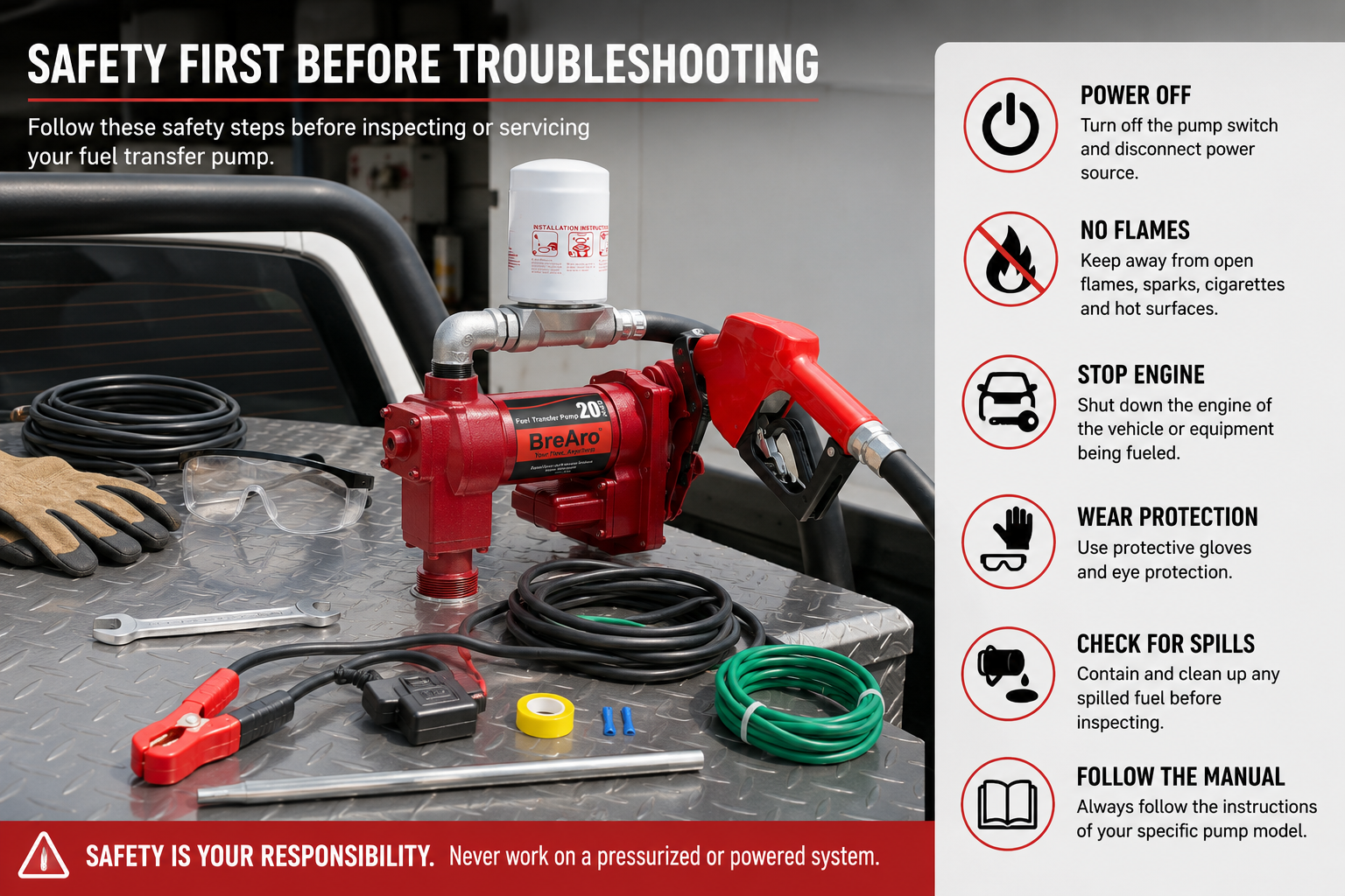 BreAro fuel transfer pump troubleshooting safety checklist showing power off, no flames, engine shutdown and protective equipment