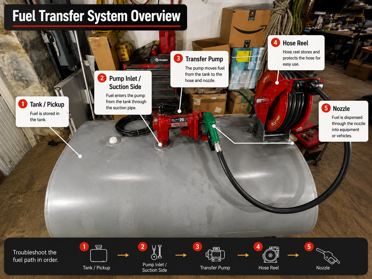 Brearo fuel transfer system overview showing tank, pump inlet, transfer pump, hose reel, and nozzle in order.