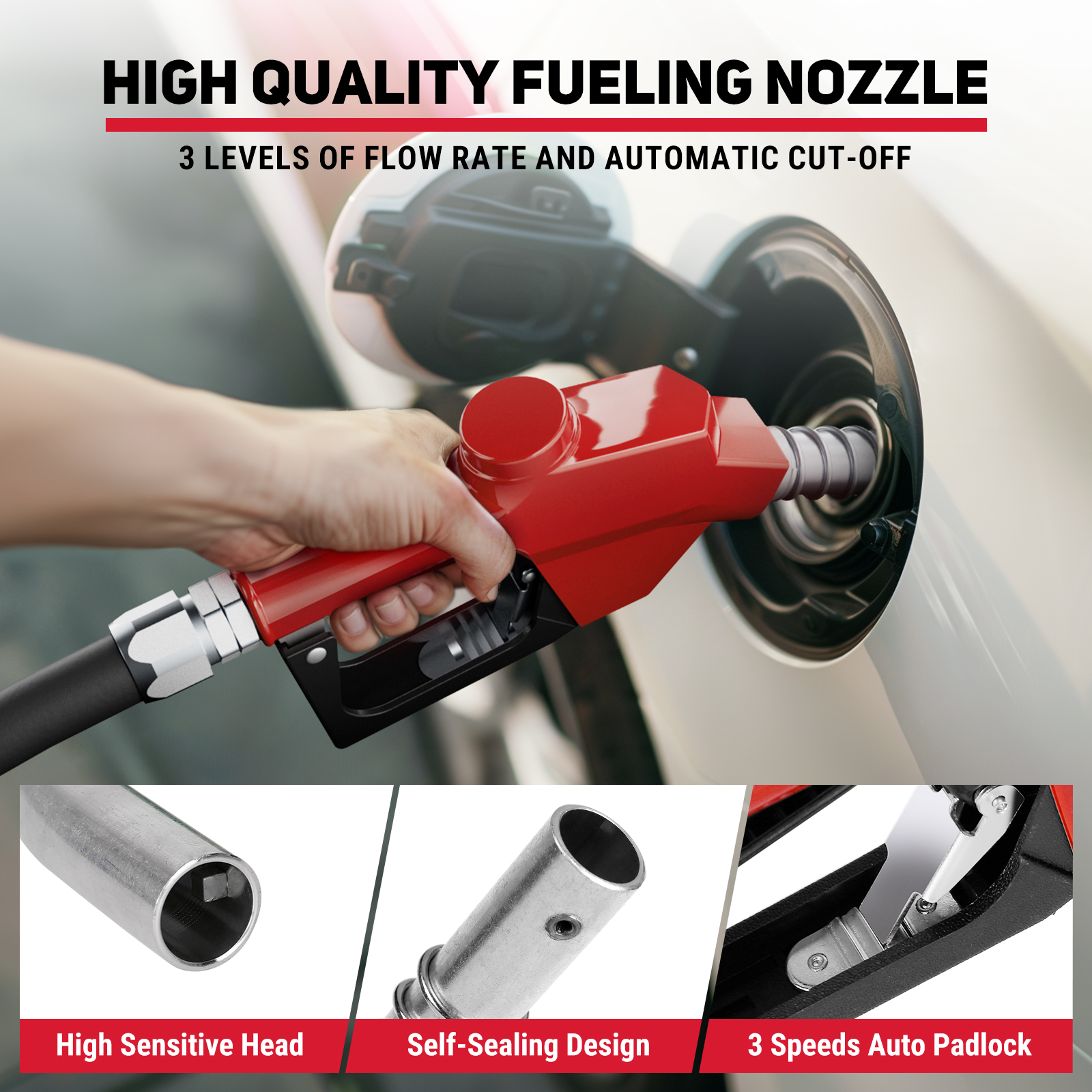 BreAro red fueling nozzle with 3-speed flow control, high-sensitive head, self-sealing tip, and automatic shut-off function for safe and efficient diesel refueling of trucks and industrial equipment.