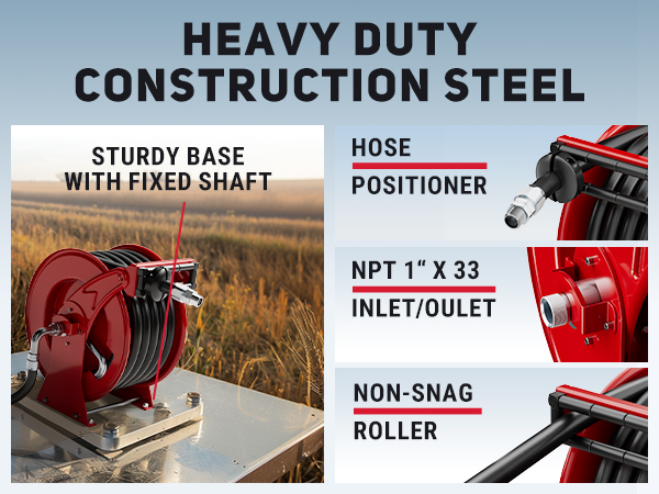 Heavy-duty diesel fuel hose reel with spring tension adjustment, non-snag roller, hose positioner, fixed base, and 1" x 33ft NPT inlet/outlet, built for harsh industrial environments.