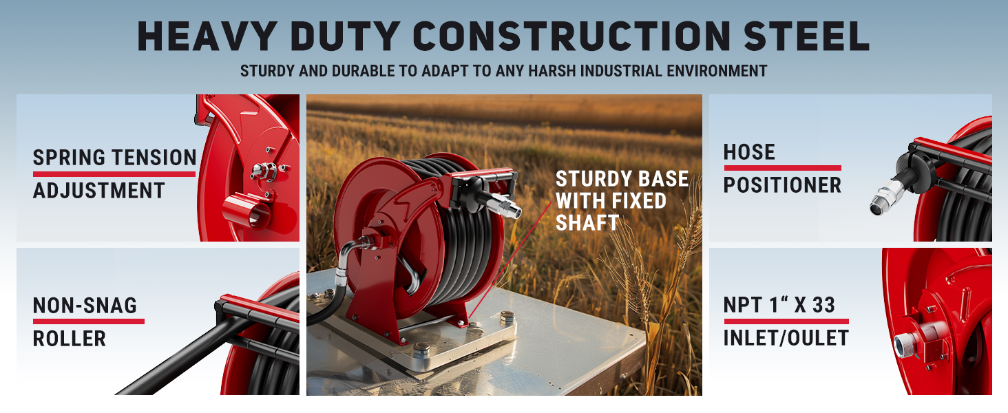 Heavy-duty diesel fuel hose reel with spring tension adjustment, non-snag roller, hose positioner, fixed base, and 1" x 33ft NPT inlet/outlet, built for harsh industrial environments.