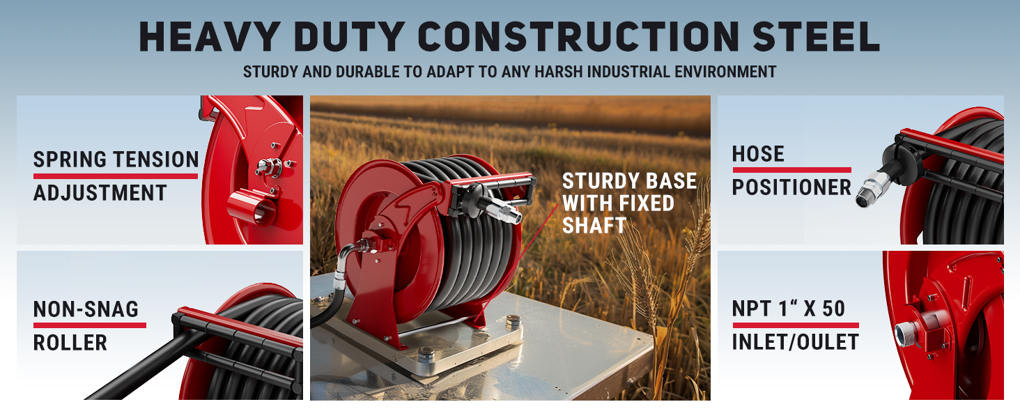 BreAro diesel fuel hose reel with spring tension adjustment, non-snag roller, hose positioner, fixed shaft base, and NPT 1" x 50FT inlet/outlet for industrial use.