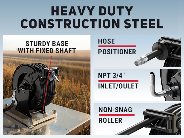 BreAro diesel hose reel with heavy-duty steel frame, spring tension adjustment, hose positioner, non-snag roller, and 3/4" NPT inlet/outlet, designed for tough industrial fueling conditions.