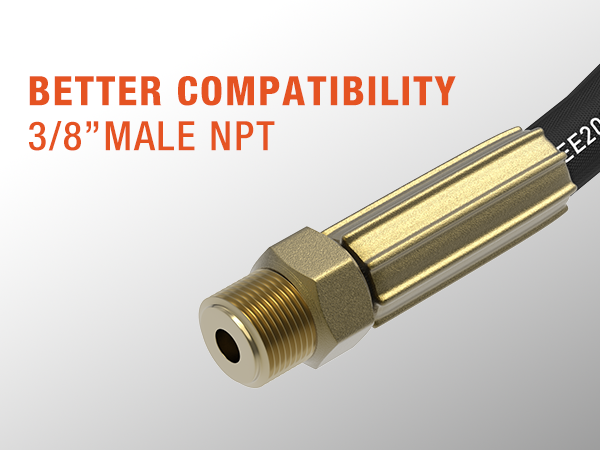 Close-up of 3/8" male NPT brass connector on Brearo pressure washer hose, designed for enhanced compatibility with high-pressure washers and industrial hose systems.