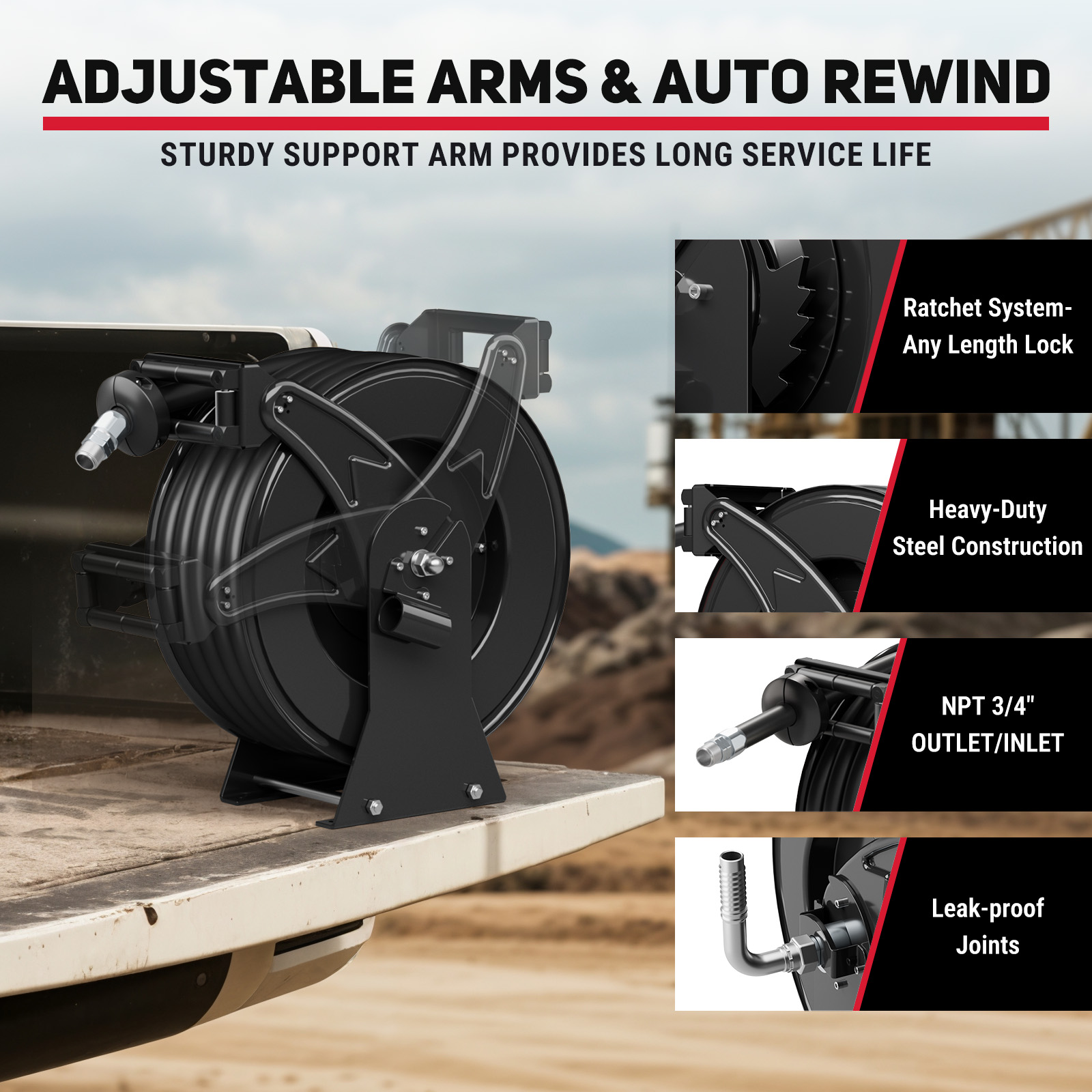 BreAro retractable diesel hose reel mounted on a truck, showing adjustable support arms, ratchet lock system, 3/4" NPT outlet/inlet, heavy-duty steel body, and leak-proof joints designed for long-term industrial use.