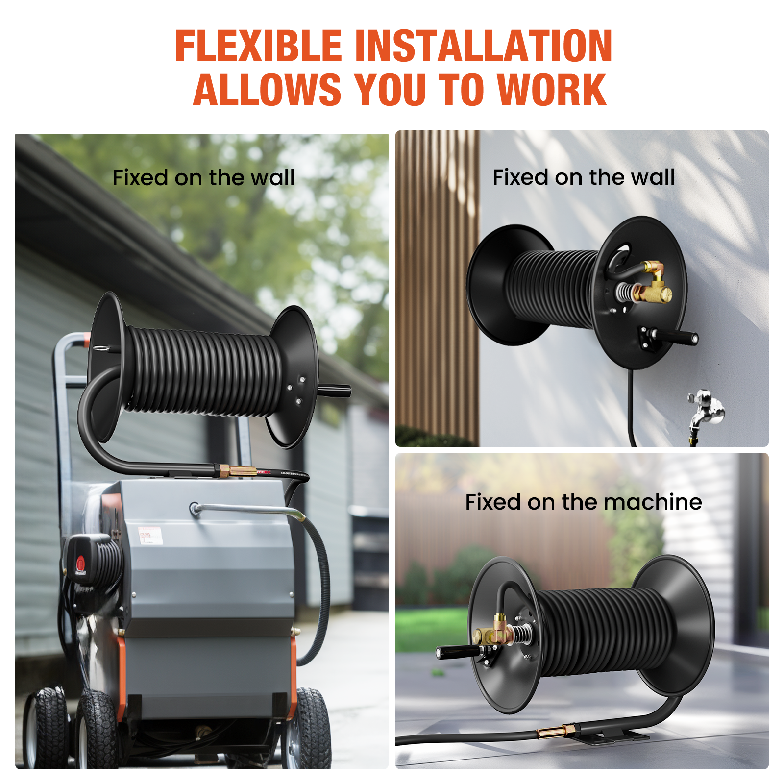 Brearo pressure washer hose reel supports flexible installation options—mounted on the wall or directly on a machine—offering versatile setups for home, garage, or industrial cleaning environments.
