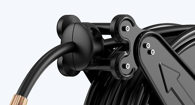Close-up of the guide arm on the BreAro hose reel, designed for smooth hose retraction and tangle-free operation. Features durable construction to ensure long-lasting performance in heavy-duty applications.