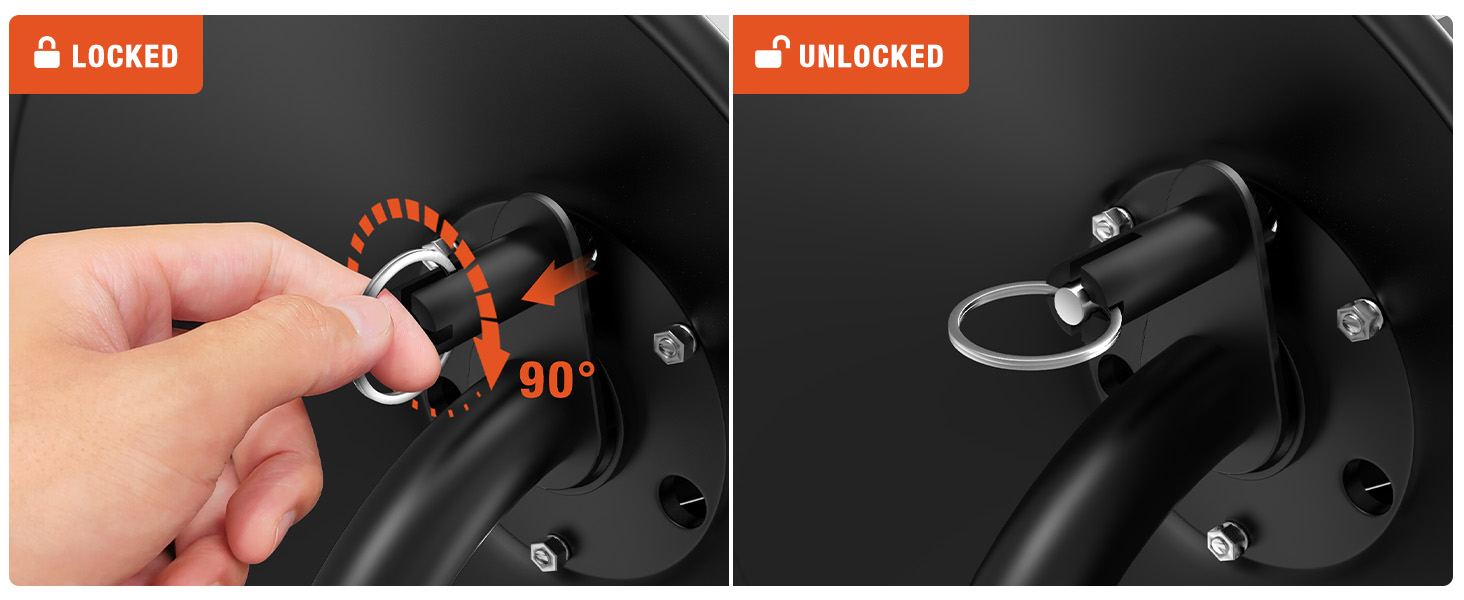 Demonstration of Brearo pressure washer hose reel handle lock system, showing how to lock and unlock the hand crank with a simple 90° pin rotation for secure and flexible operation.