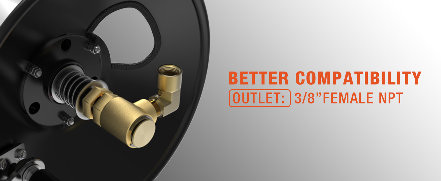 Close-up of Brearo pressure washer hose reel outlet with 3/8" female NPT brass fitting, designed for better compatibility with standard high-pressure washer hoses and accessories.
