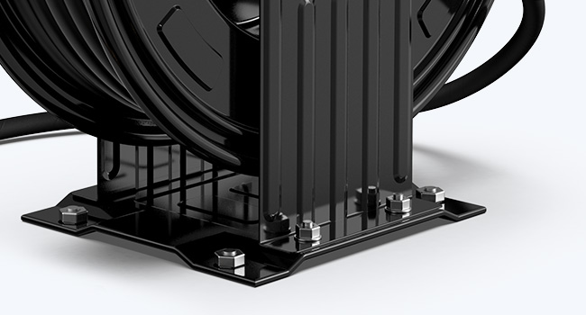 Close-up of the steel base mount on the BreAro hose reel, highlighting its sturdy construction and secure bolt system for stable installation on walls, floors, or ceilings in heavy-duty applications.