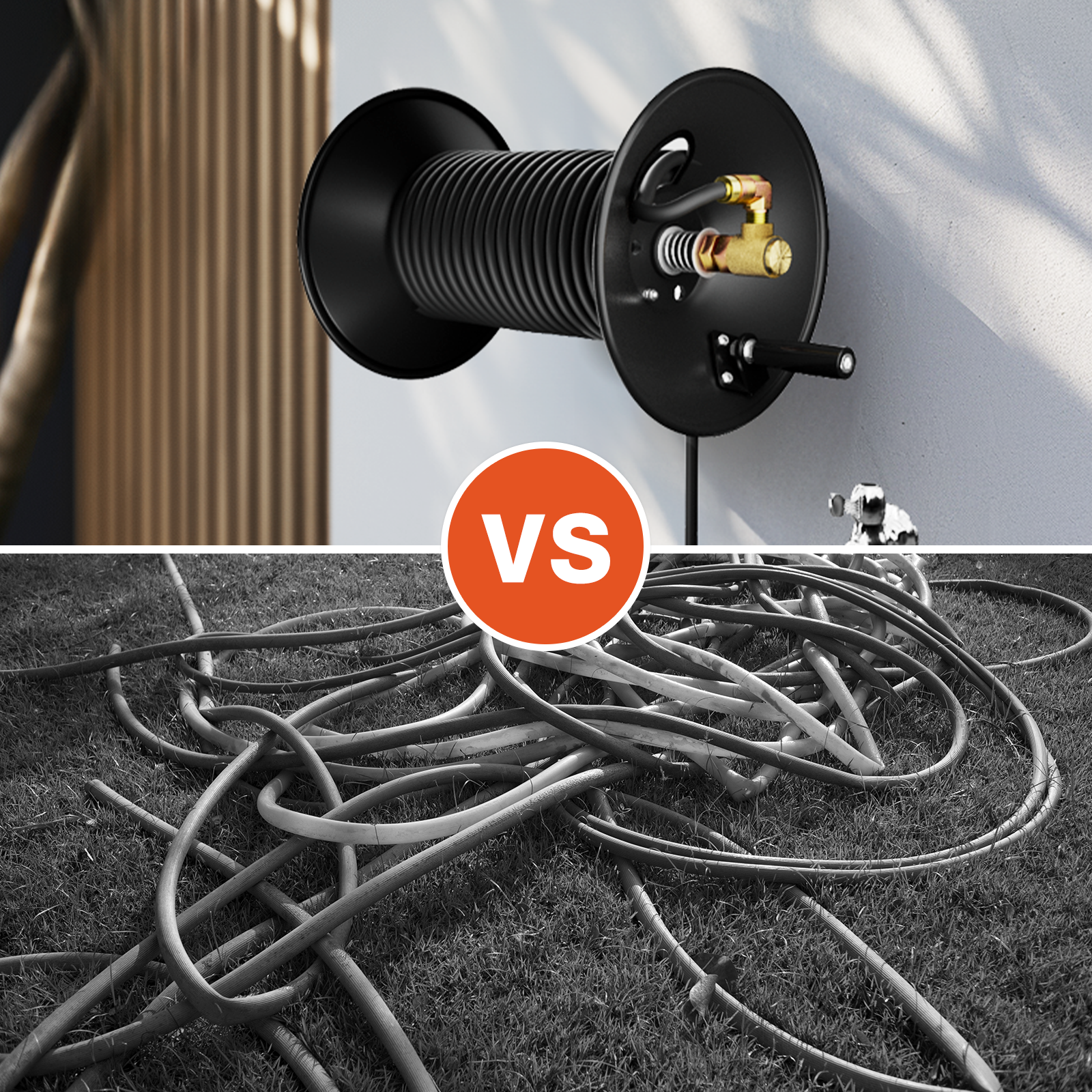 Side-by-side comparison of Brearo hose reel with neatly stored pressure hose vs. tangled traditional garden hoses, highlighting the organization, convenience, and efficiency of using a mounted pressure washer hose reel.