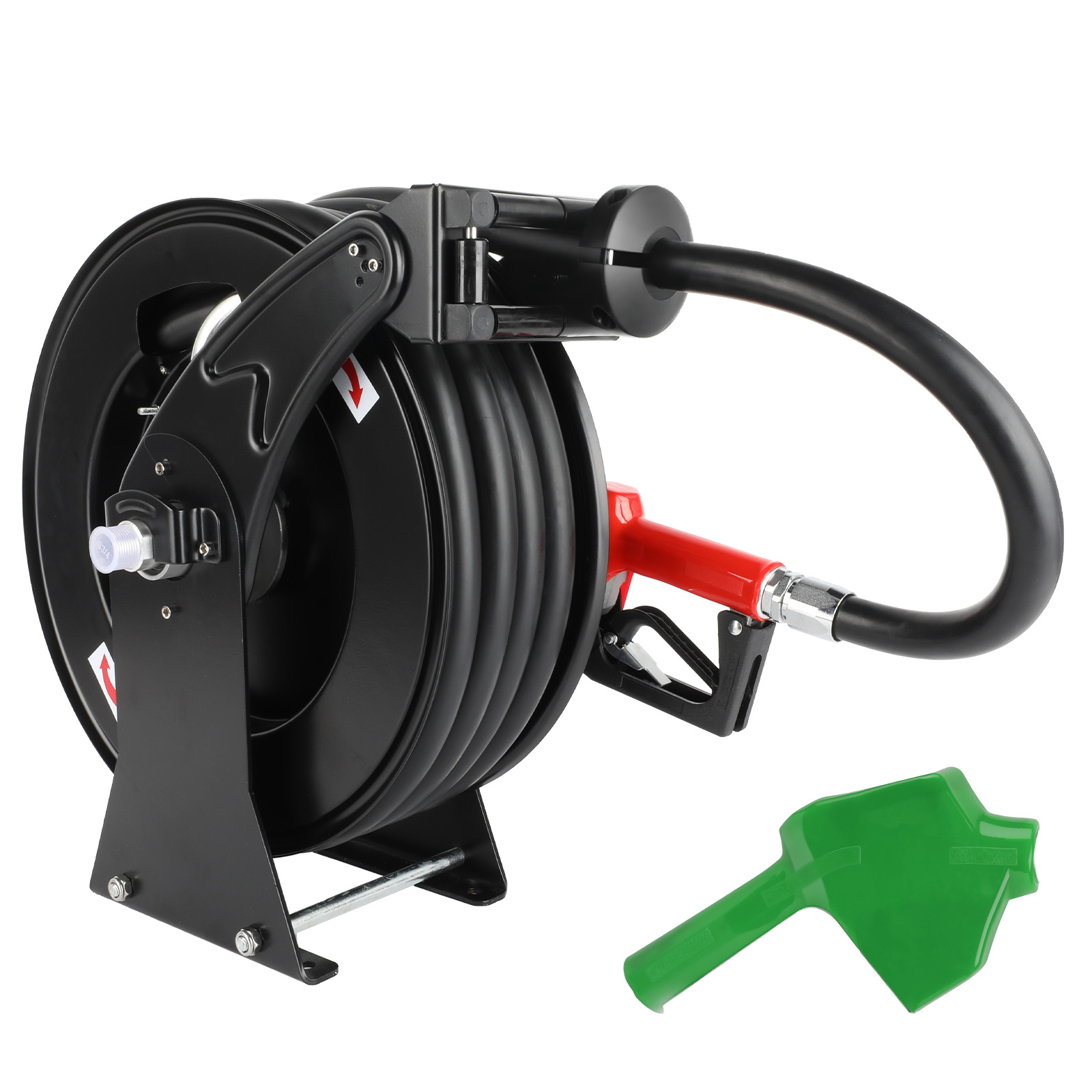 Side view of BreAro 3/4" x 50' retractable fuel hose reel with red automatic nozzle and green protective cover, designed for diesel transfer in industrial, fleet, and agricultural fueling stations.