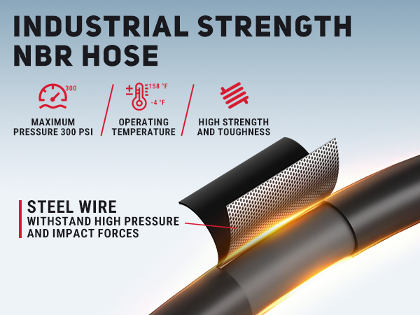 BreAro industrial NBR rubber hose with steel wire reinforcement, rated for 300 PSI pressure and -4°F to 158°F temperature range, designed for high strength and durability.