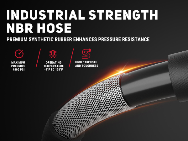 BreAro industrial strength NBR hose with premium synthetic rubber for enhanced pressure resistance. Rated for up to 4800 PSI and operating temperatures from -4°F to 158°F, offering high strength and toughness.