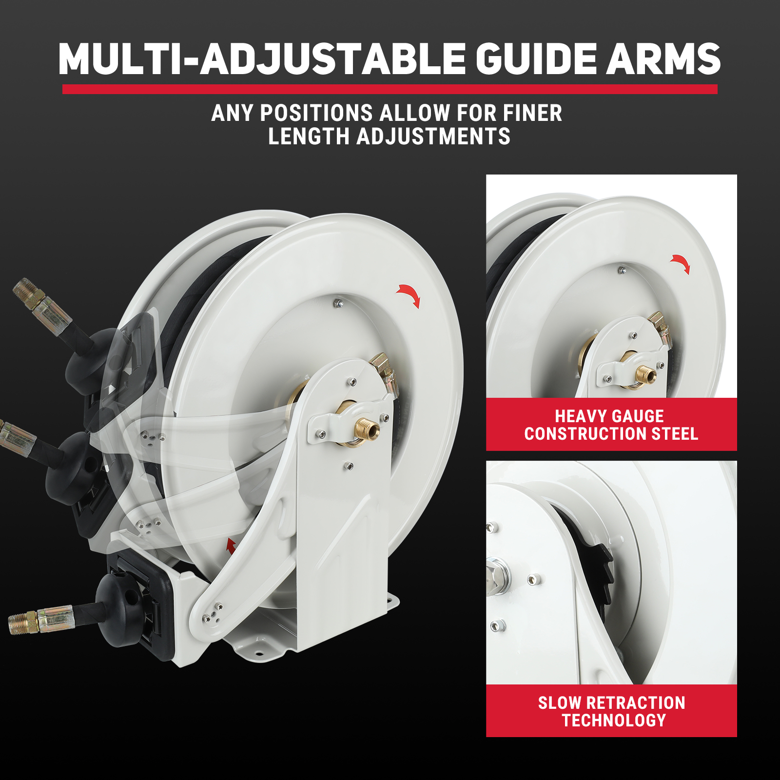 BreAro 3/8" x 50' oil hose reel with a sturdy L-shaped arm base featuring four grooves. Designed for easy mounting on walls, ceilings, and floors with fast 4-bolt installation for reliable and secure operation in industrial settings.