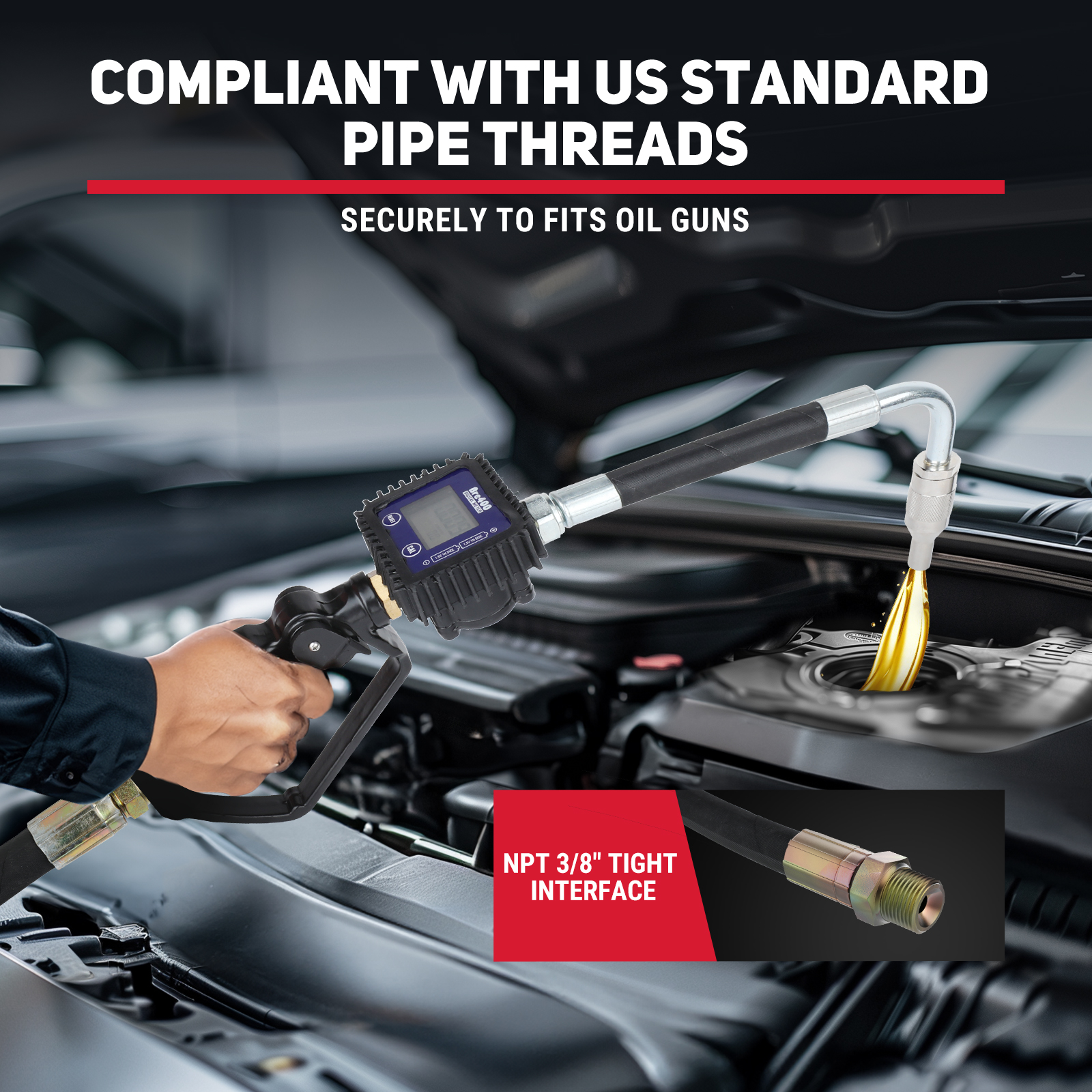 BreAro 3/8" NPT tight interface for secure fit with oil guns. Designed to be compliant with US standard pipe threads, ensuring easy and safe fuel transfer for automotive and industrial applications. Features a digital meter for accurate oil dispensing.
