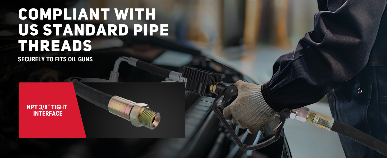 BreAro 3/8" NPT tight interface for secure fitting with oil guns. Compliant with US standard pipe threads, ensuring leak-free, efficient fuel transfer in automotive and industrial applications