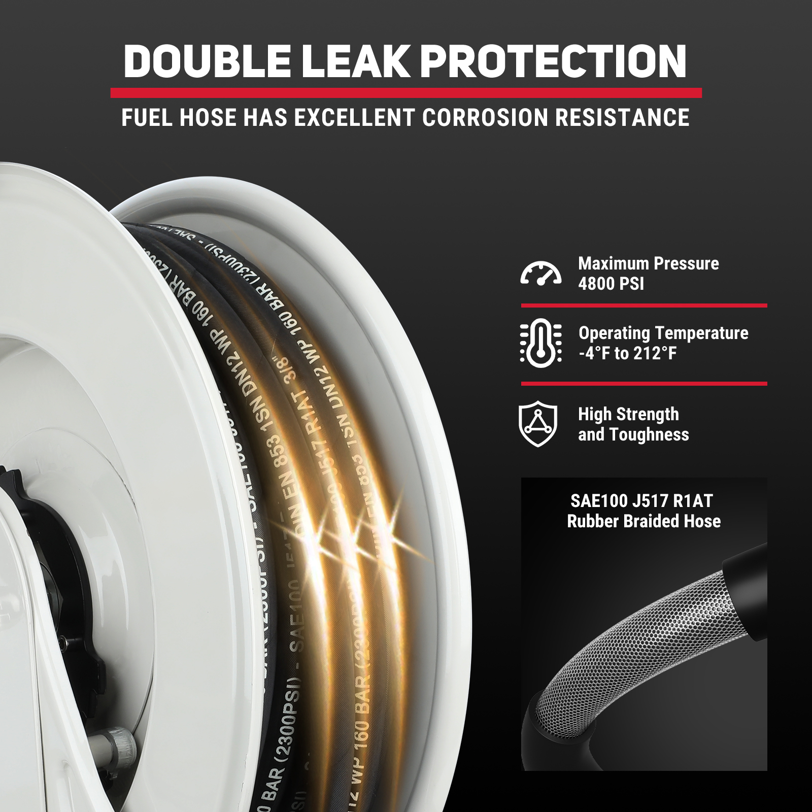 BreAro 3/8" x 50' retractable oil hose reel featuring double leak protection with SAE100 J517 R1AT rubber braided hose. Designed for maximum pressure of 4800 PSI and operating temperature from -4°F to 212°F, ensuring high strength and corrosion resistance.