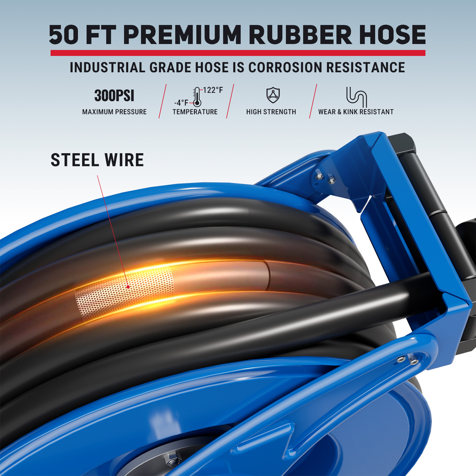 Close-up of BreAro 50ft premium rubber fuel hose with internal steel wire reinforcement, rated at 300 PSI, corrosion-resistant, high-strength, and wear- and kink-resistant for diesel and kerosene applications.