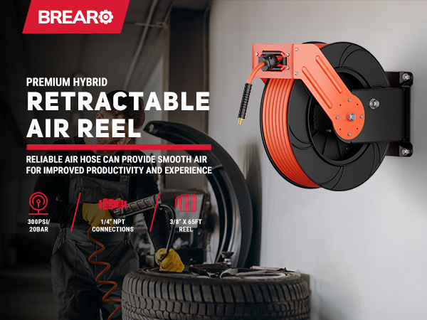 BreAro premium hybrid retractable air reel with 3/8" x 65 ft hose, 300 PSI pressure rating, 1/4" NPT connections. Reliable and durable for smooth air delivery in workshops and industrial applications.