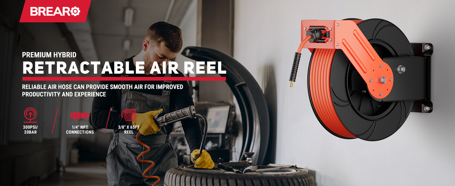 BreAro premium hybrid retractable air reel with 3/8" x 65 ft hose, 300 PSI pressure rating, 1/4" NPT connections. Reliable and durable for smooth air delivery in workshops and industrial applications.