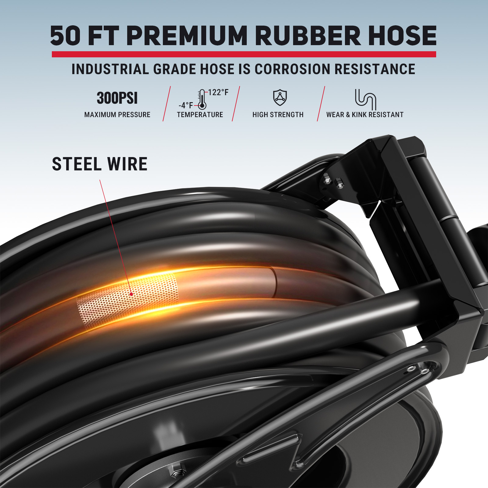 Close-up of BreAro 50 ft premium rubber fuel hose with steel wire reinforcement, rated for 300 PSI and -4°F to 122°F, showing corrosion resistance, kink resistance, and industrial-grade durability for diesel transfer systems.