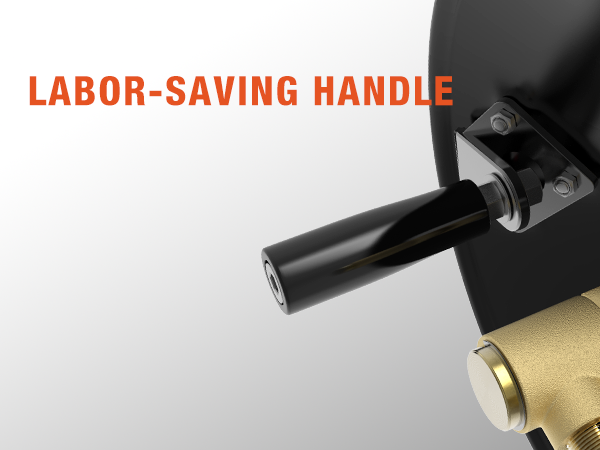 Close-up of Brearo pressure washer hose reel labor-saving hand crank, designed for smooth and effortless hose retraction, enhancing user convenience and control during operation.