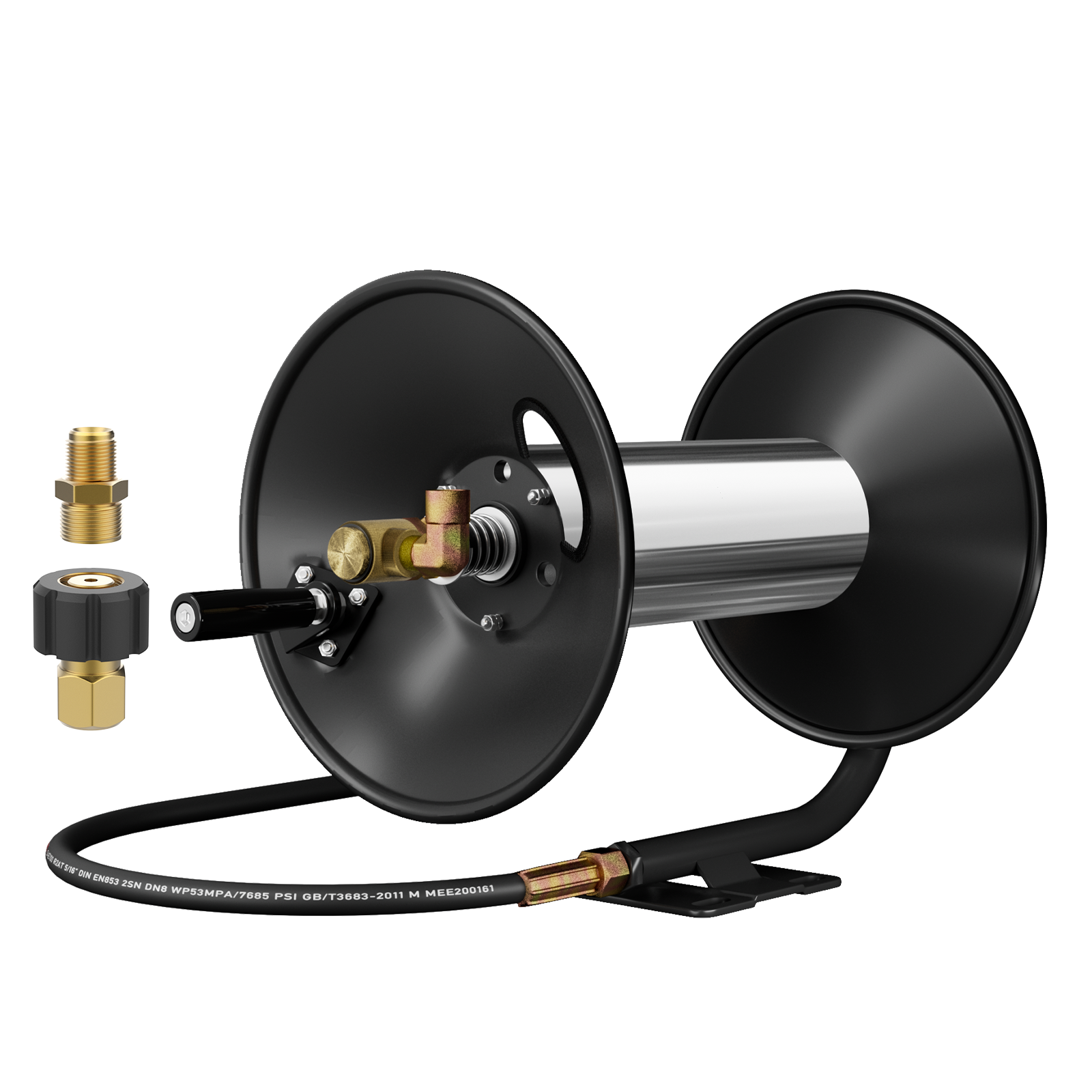 Side view of Brearo 3/8" 100FT pressure washer hose reel with hand crank, steel drum, and brass swivel joint, showing included connectors and lead-in hose for high-pressure power washer systems.