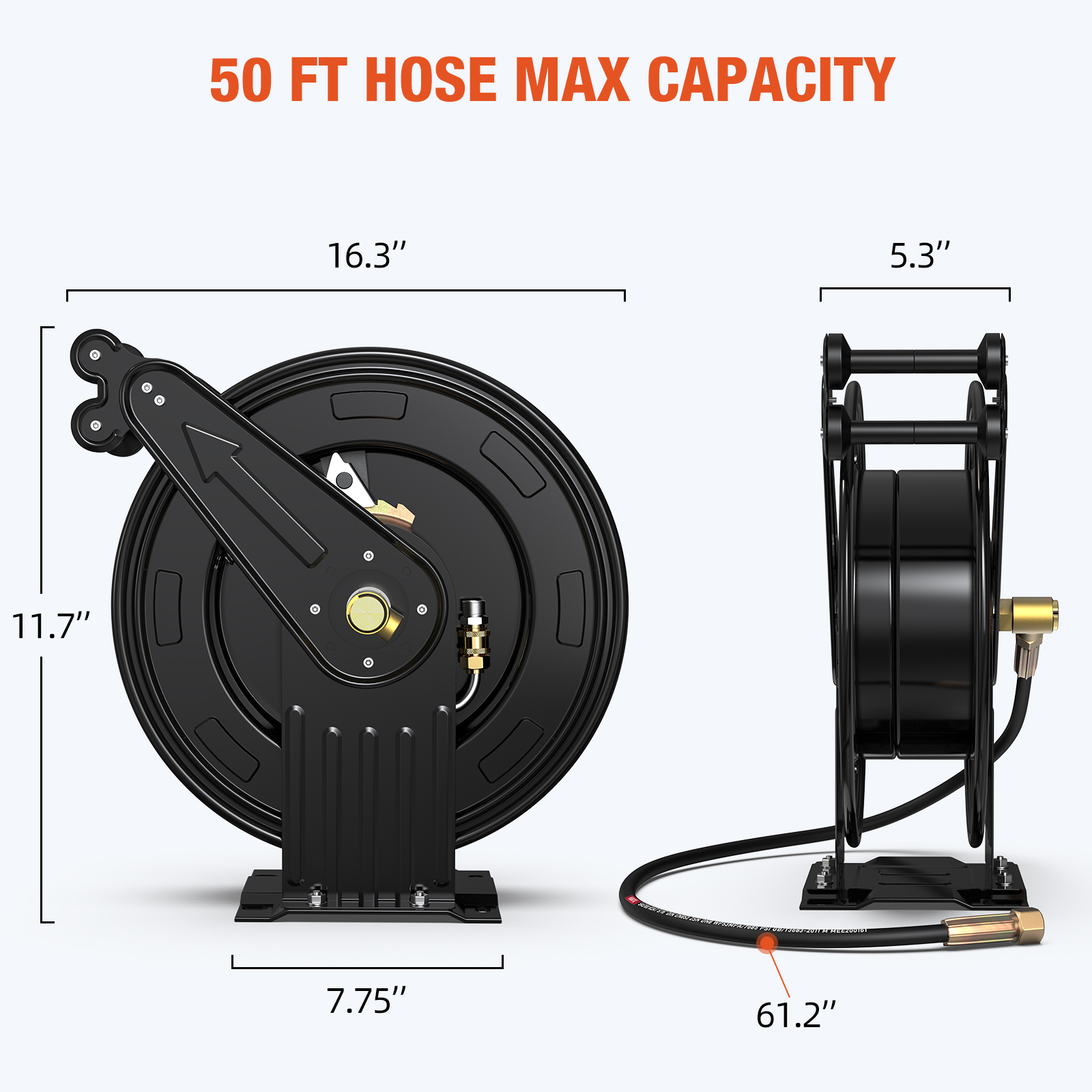 Detailed dimensions of the BreAro retractable pressure washer hose reel: 50 ft max capacity, 16.3" width, 11.7" height, 7.75" base depth, and 61.2" lead hose. Heavy-duty dual-arm design for stability.