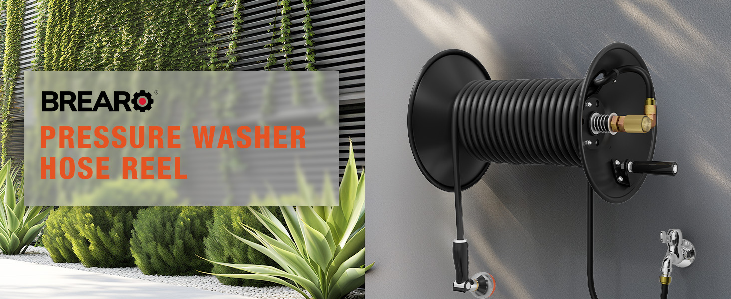 Brearo pressure washer hose reel shown in various applications—mounted on wall, floor, and machine—highlighting its flexible use in home, garage, and outdoor cleaning setups.