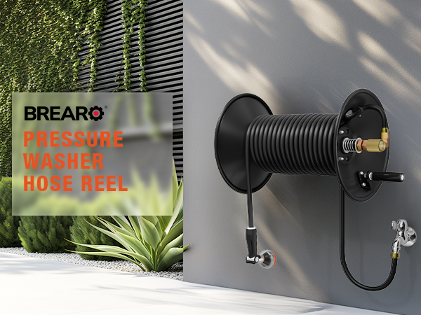 Brearo pressure washer hose reel shown in various applications—mounted on wall, floor, and machine—highlighting its flexible use in home, garage, and outdoor cleaning setups.