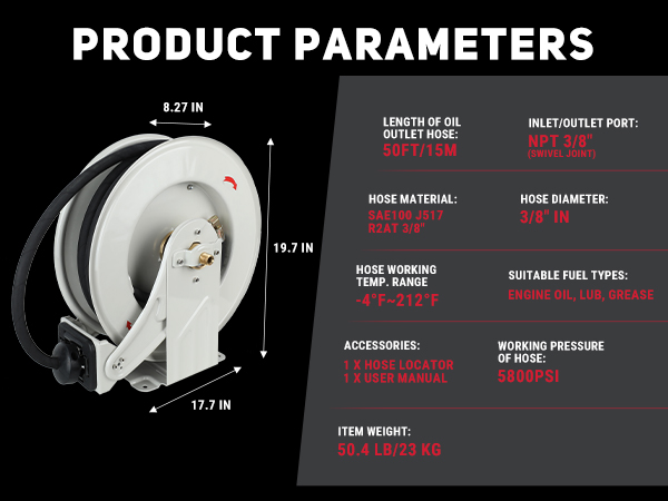 BreAro 3/8" x 50' oil hose reel with SAE100 J517 R2AT 3/8" hose, rated for 5800 PSI. Features NPT 3/8" swivel joint, works in temperatures from -4°F to 212°F. Includes hose locator and user manual for easy setup.