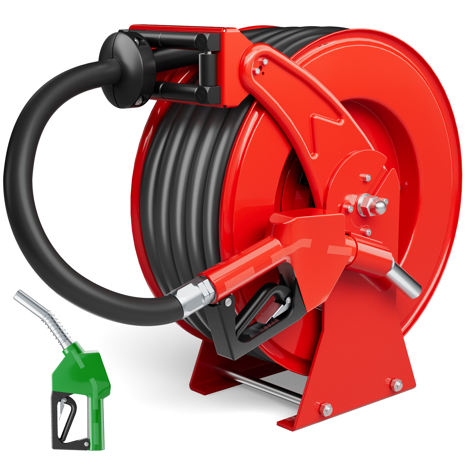 BreAro red 3/4" x 50ft retractable diesel fuel hose reel with automatic red fueling nozzle and black NBR hose, designed for high-pressure industrial fueling of vehicles, equipment, and machinery.