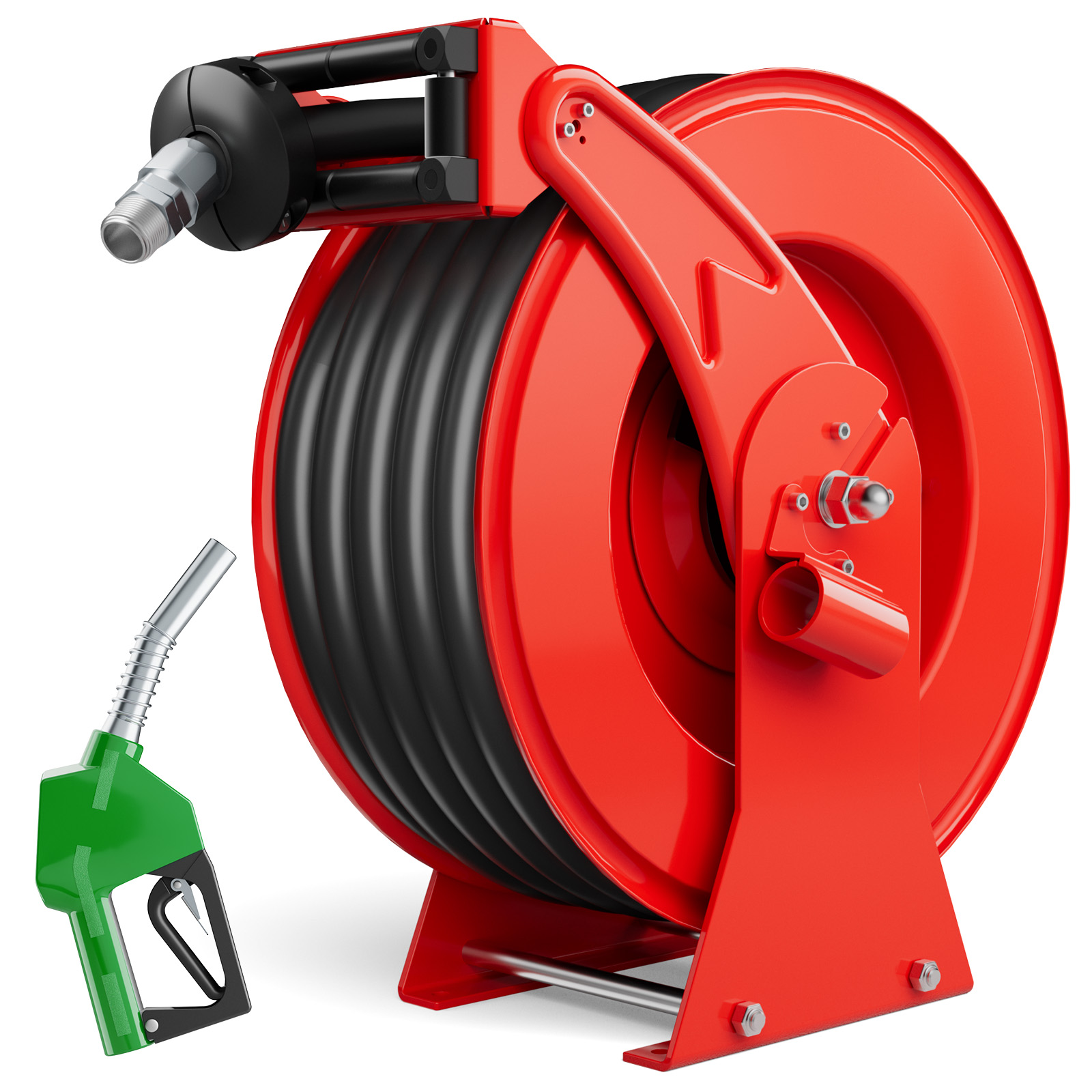 BreAro 3/4" x 50ft retractable diesel fuel hose reel in red with green automatic fueling nozzle, featuring heavy-duty steel construction and smooth hose rewind for industrial diesel or kerosene applications.