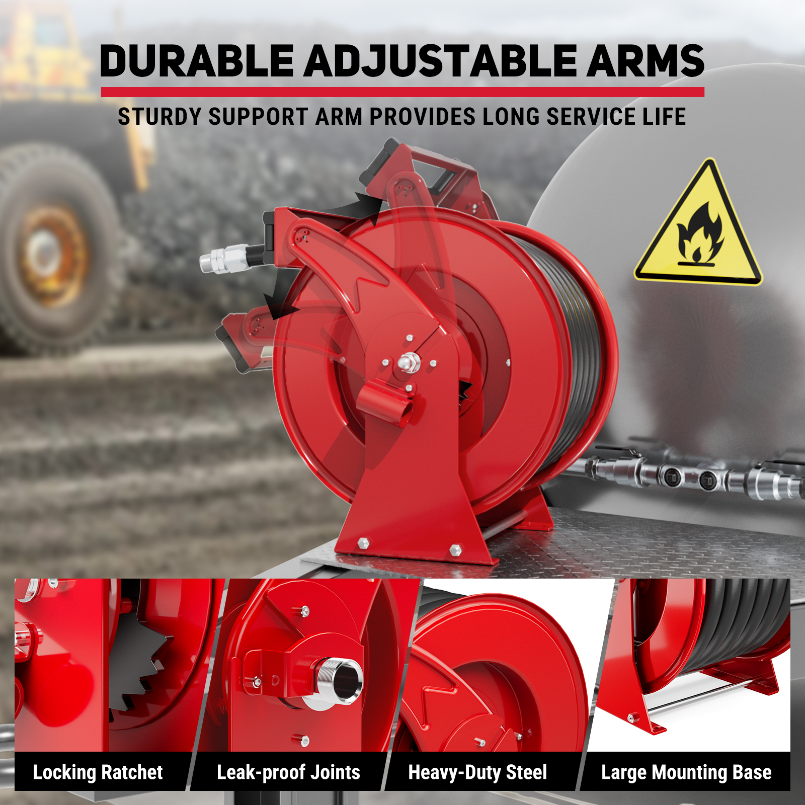 BreAro 1" Red Diesel Fuel Hose Reel with durable adjustable support arms, locking ratchet, leak-proof joints, heavy-duty steel frame, and large mounting base for industrial fueling.