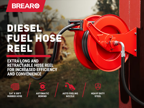 BreAro red 3/4" x 50ft diesel fuel hose reel mounted on post, shown with tractor in background. Highlights auto rewind, heavy-duty steel, and rubber hose for efficient industrial refueling.