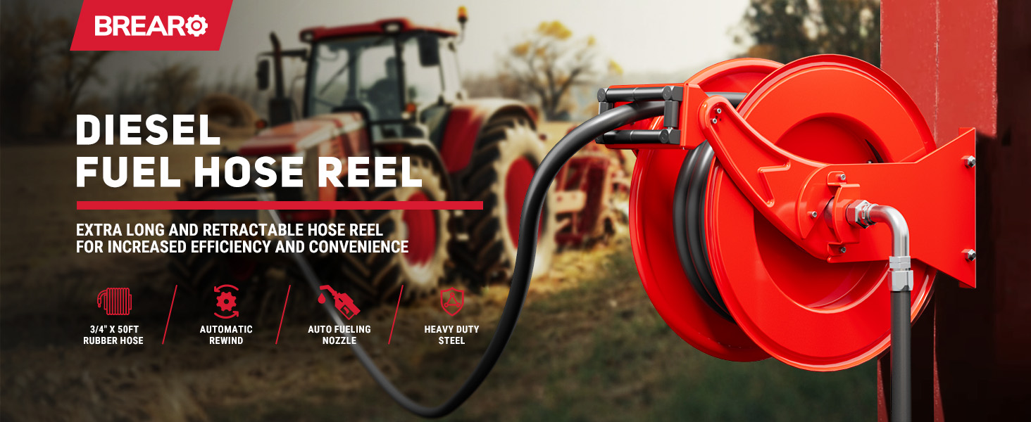 BreAro red 3/4" x 50ft diesel fuel hose reel mounted on post, shown with tractor in background. Highlights auto rewind, heavy-duty steel, and rubber hose for efficient industrial refueling.