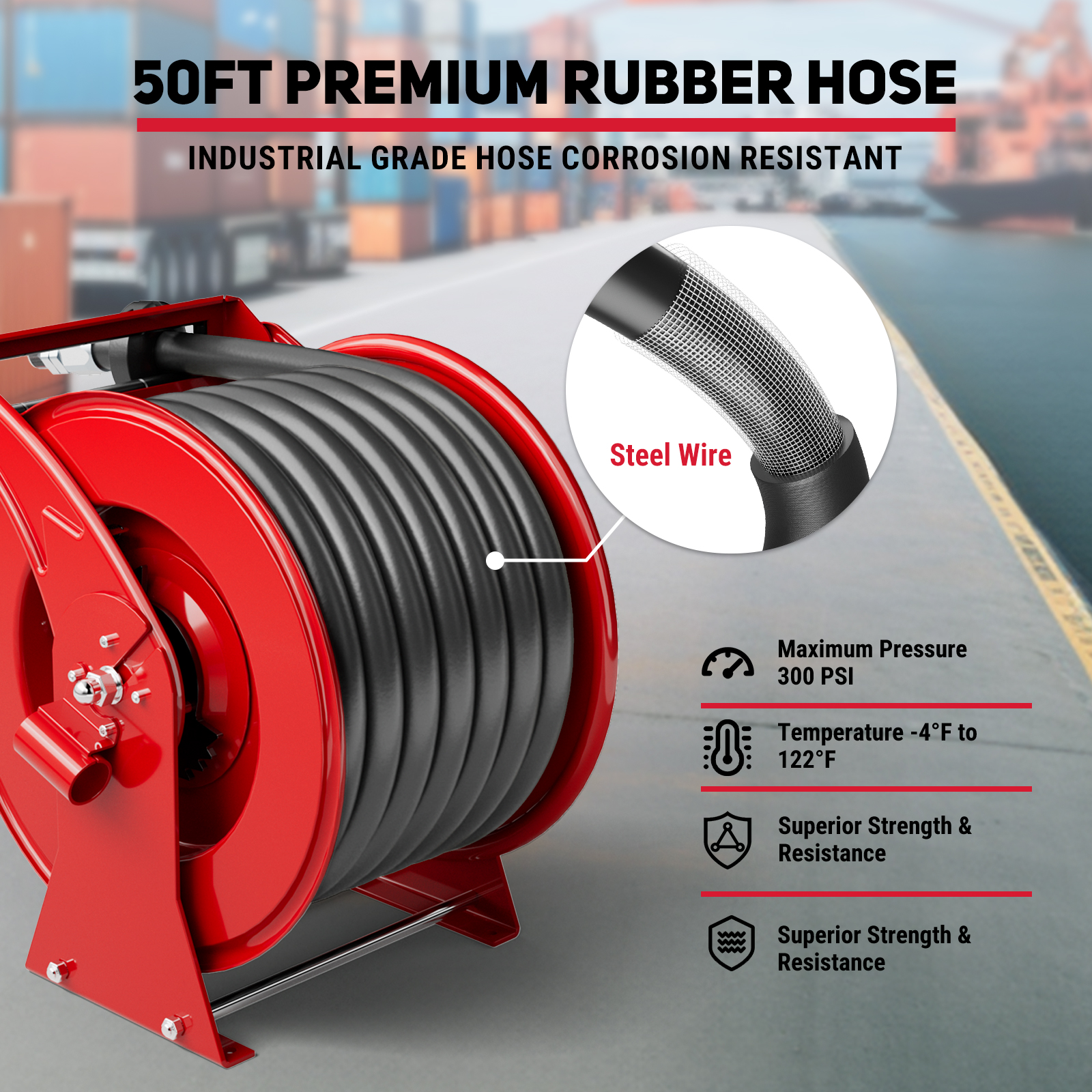 BreAro 50FT red diesel fuel hose reel with premium rubber hose, steel wire reinforcement, 300 PSI pressure rating, corrosion resistance, and industrial-grade durability for heavy-duty fueling.