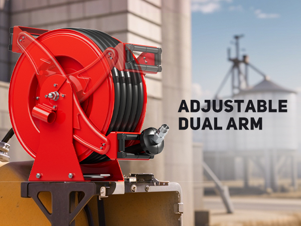 BreAro red diesel fuel hose reel mounted on a tank with adjustable dual-arm bracket, providing flexible positioning and strong support for industrial fueling applications.