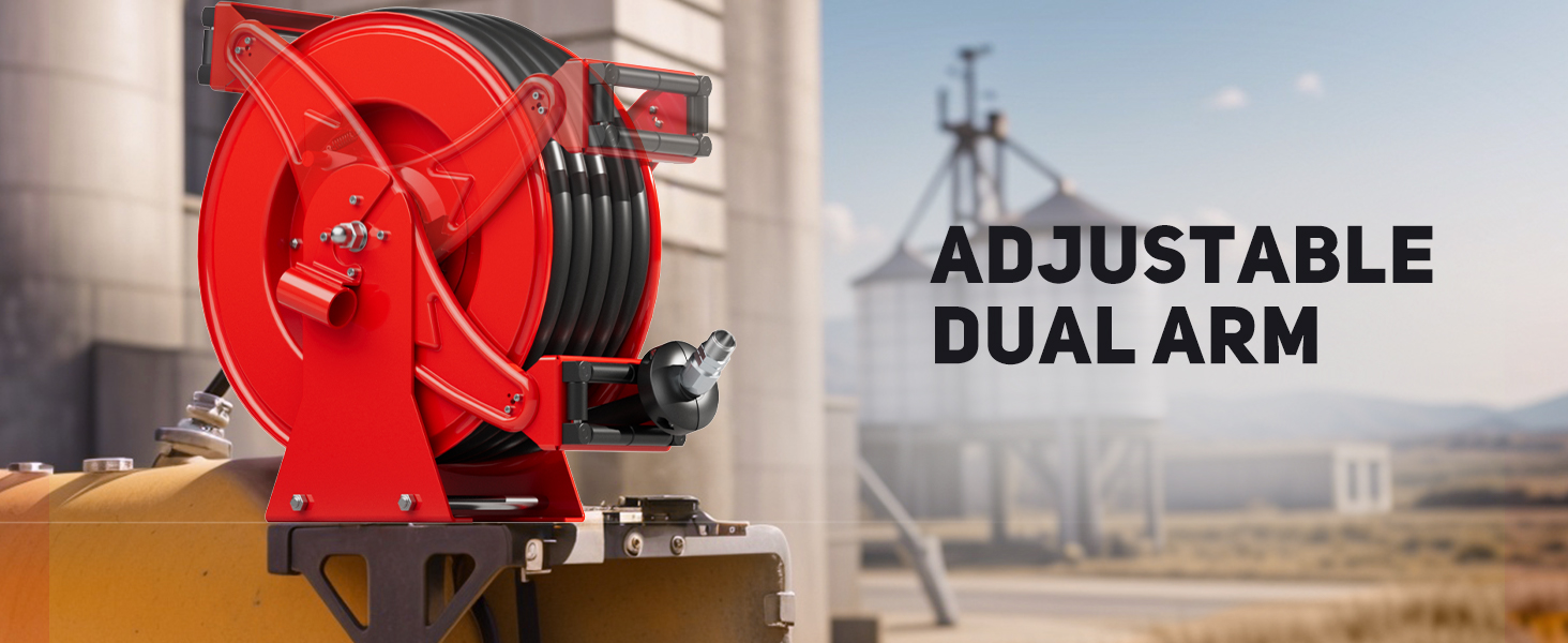 BreAro red diesel fuel hose reel mounted on a tank with adjustable dual-arm bracket, providing flexible positioning and strong support for industrial fueling applications.