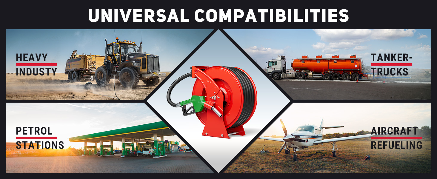BreAro red diesel hose reel shown in use across heavy industry, petrol stations, tanker trucks, and aircraft refueling, highlighting wide compatibility for diesel and kerosene fueling needs.