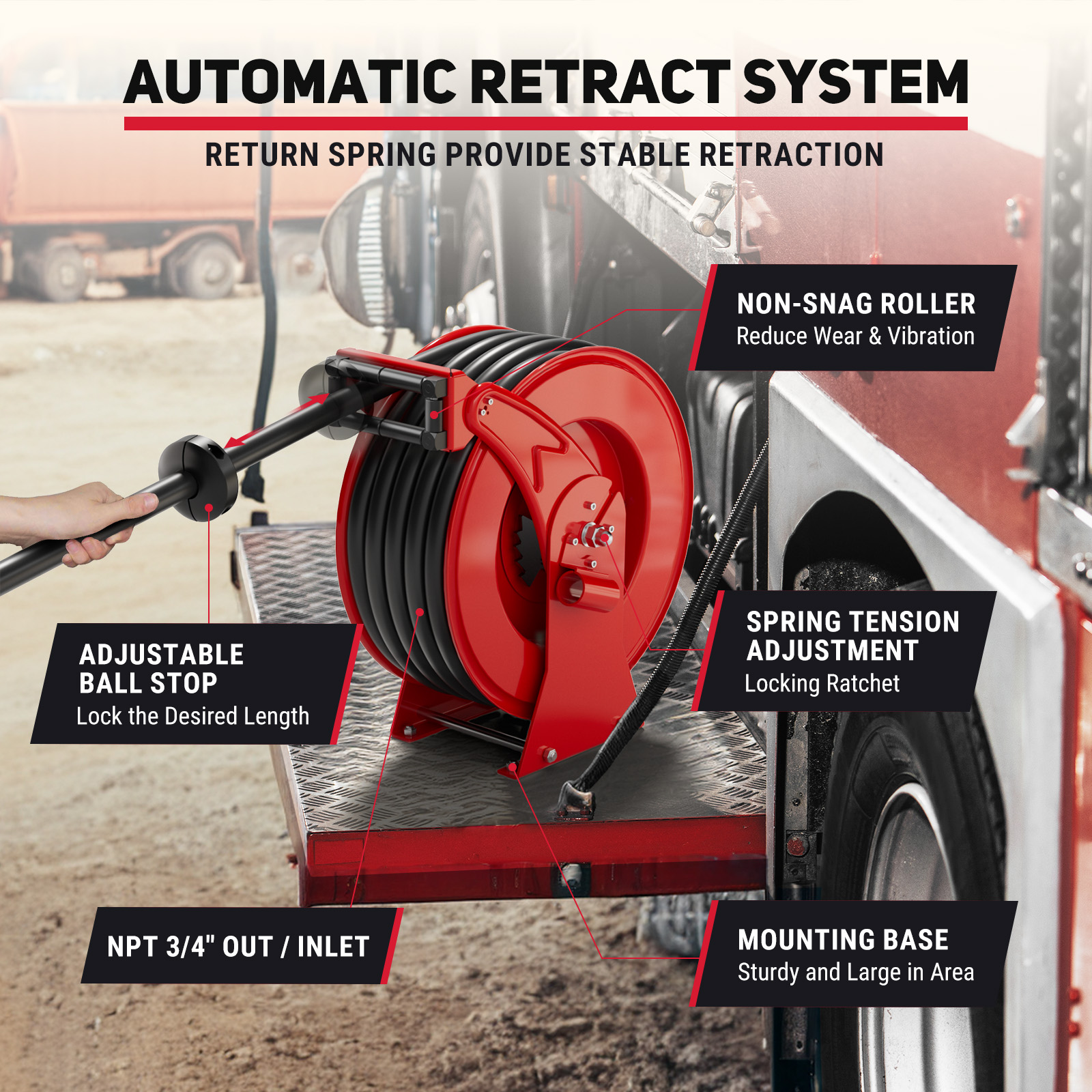 BreAro red 3/4" x 50ft diesel hose reel installed on a truck platform, highlighting automatic retraction system, adjustable ball stop, spring tension ratchet, non-snag roller, and 3/4" NPT outlet/inlet.